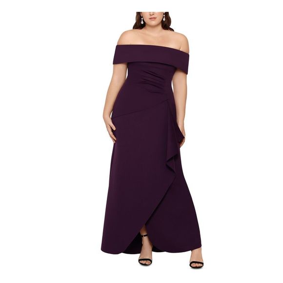 Xscape Women’s Off-the-Shoulder Ruffled Formal Dress – Long Scuba Gown In Purple